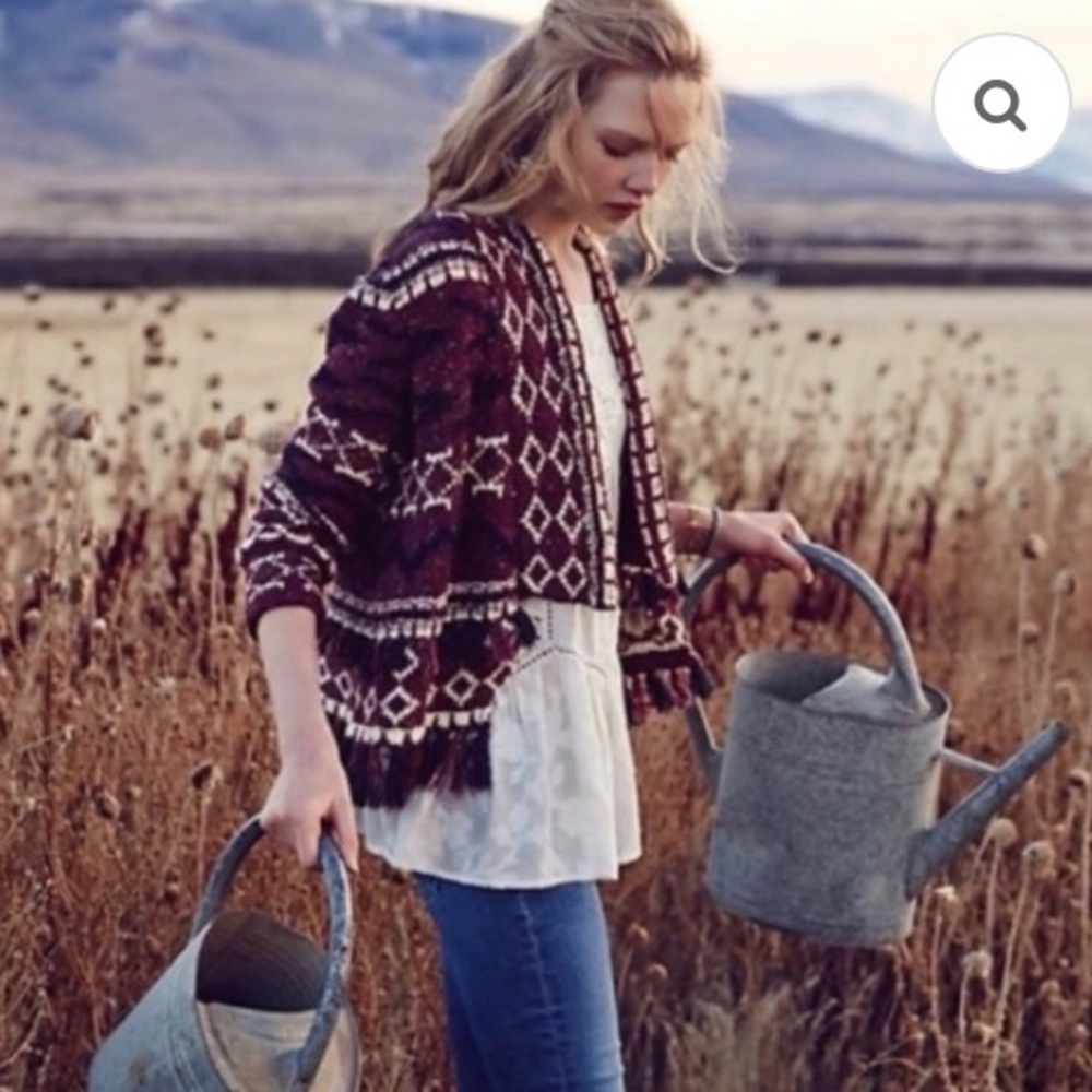 Anthropologie Moth Veras Fringed Aztec Cardigan Sweater XS Burgundy Boho